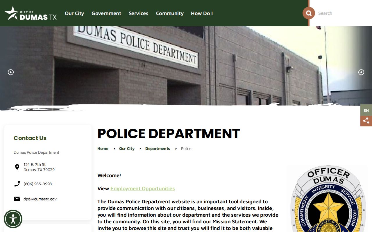 Dumas warrant records contact route at Dumas Police Department