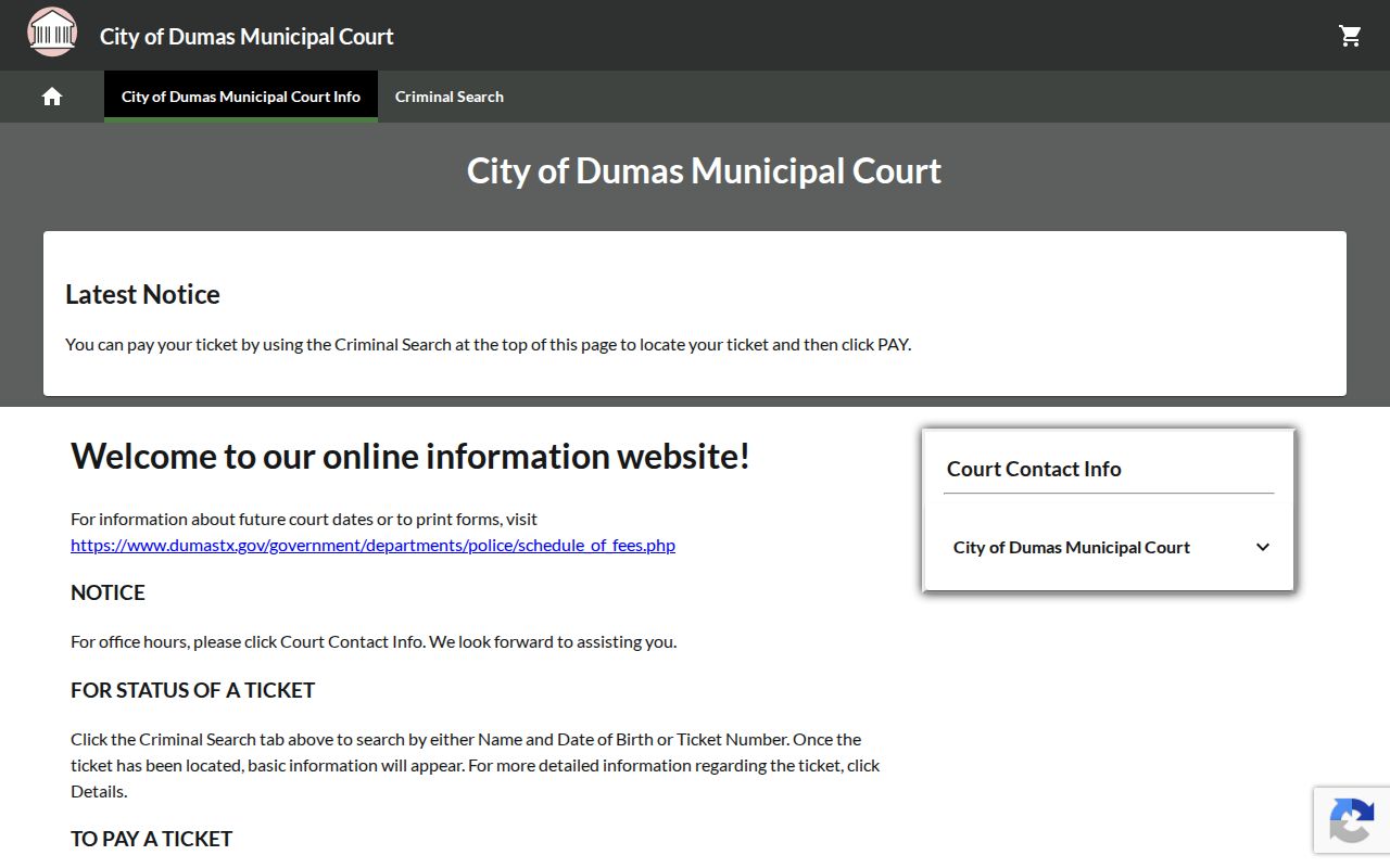Dumas warrant record citation payment route through GovRec