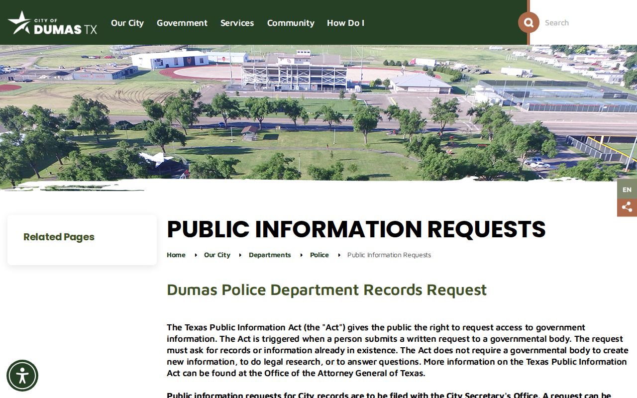 Dumas warrant record request route for an identifiable police or court file