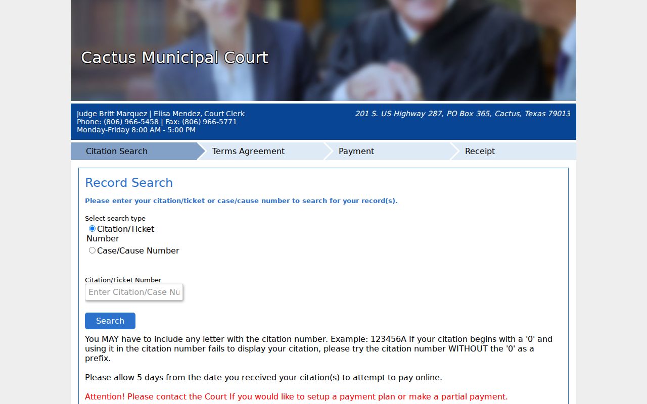 Cactus warrant records payment route with citation and case number fields