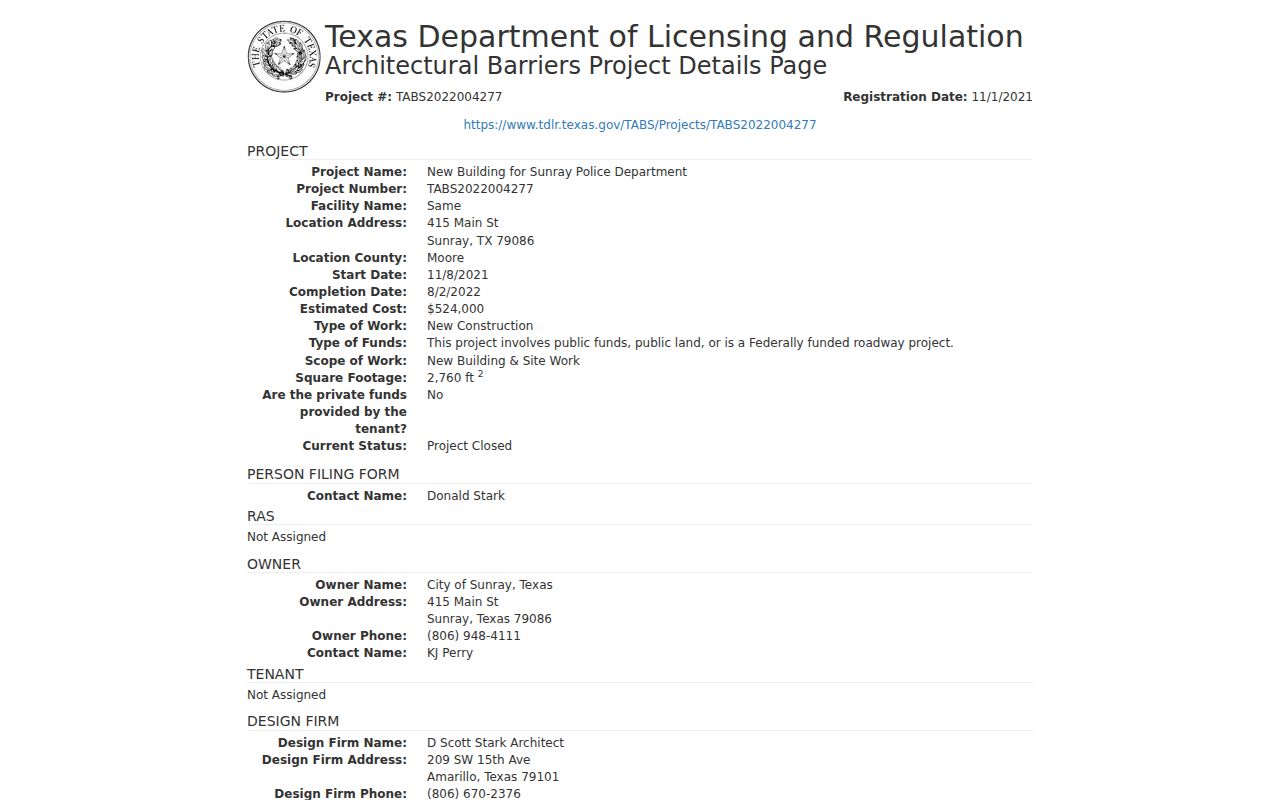 Sunray warrant records location context from the official police facility project record